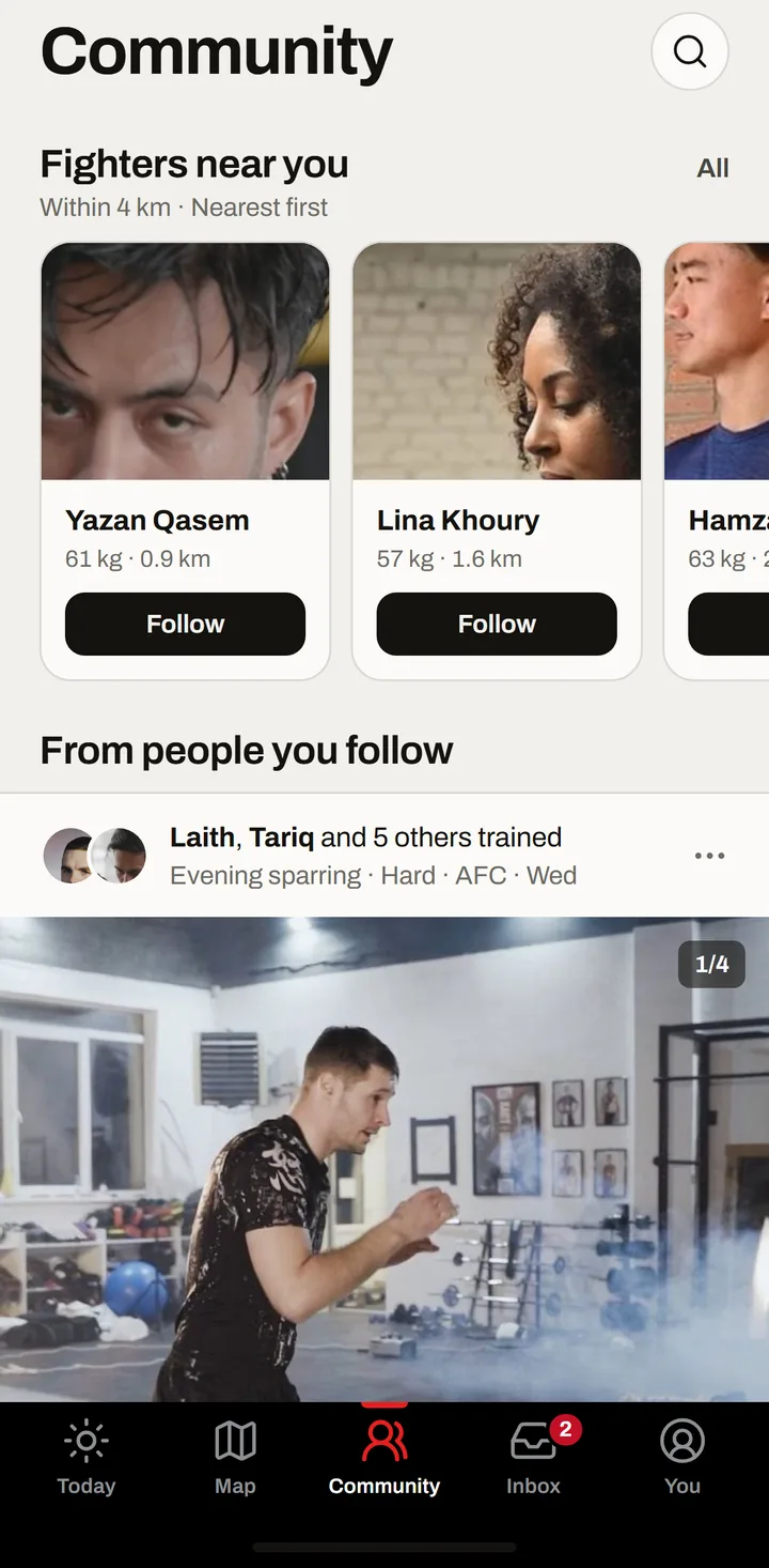 Sparr's Community tab: fighters near you, nearest first, and posts from people you follow