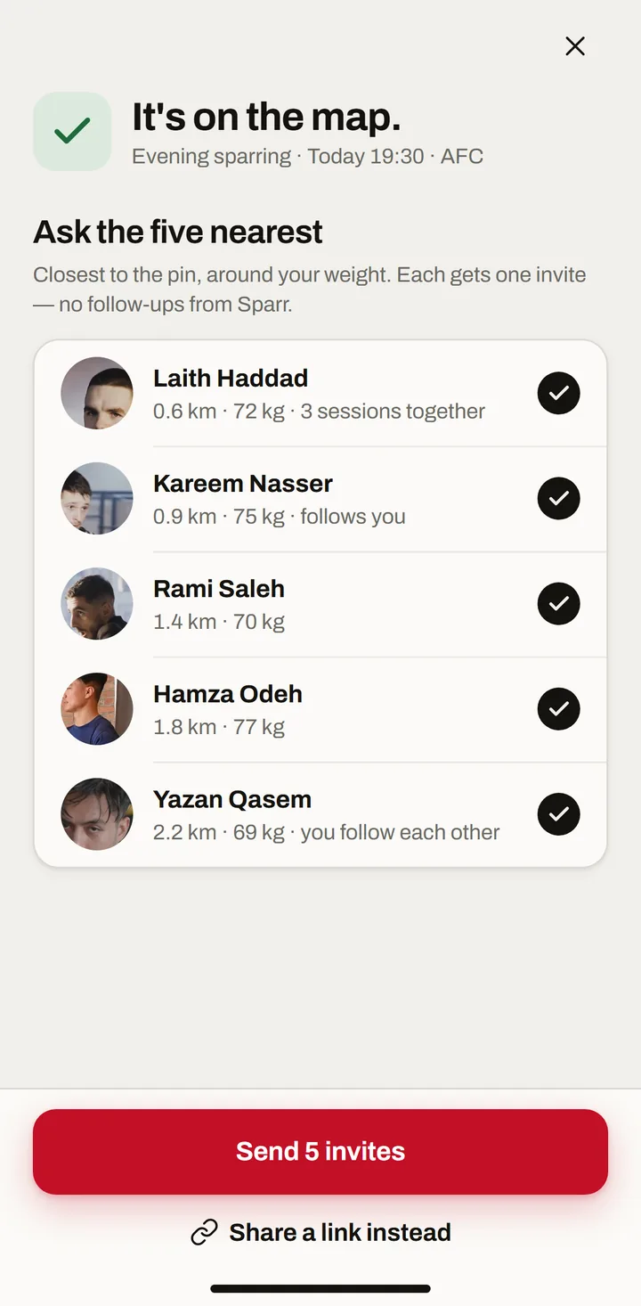 Hosting a session in Sparr and inviting the five nearest fighters
