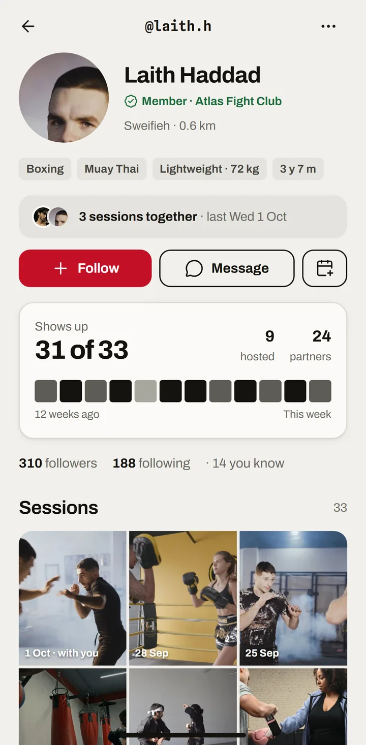 A fighter profile in Sparr with attendance history, sessions hosted and partners trained with